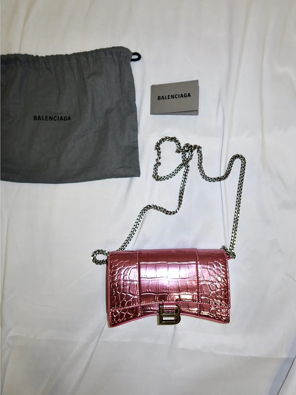 Balenciaga Hourglass Wallet on Chain Crocodile Embossed Crossbody Pink